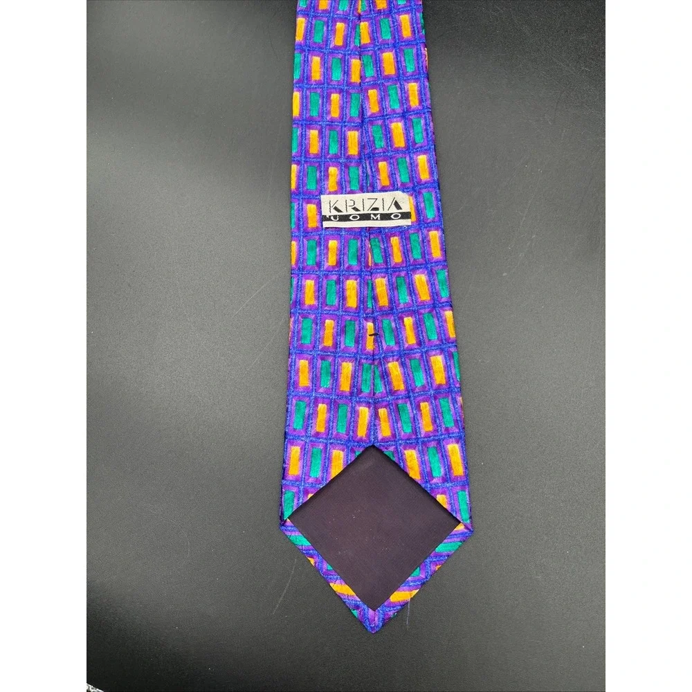 KRIZIA UOMO Silk Tie Mens Purple Colorful Geometric Pattern 100% Silk‎ USA